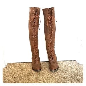 Over the knee light brown boots